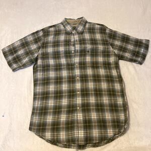 Timberland Linen Blend Button Down Shirt Green Blue Plaid Short Sleeve Medium